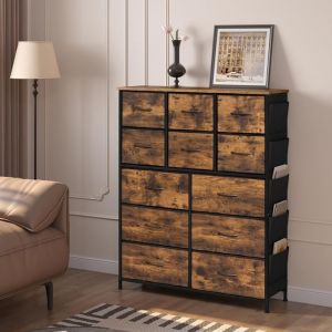 Commode Chambre Woltu 12 Tiroirs en Tissu, Meuble de Rangement, Cadre en Métal, Marron Rustique et Noir