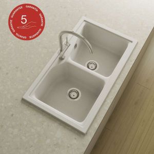 Evier à encastrer POALGI - City 332 - Granit - Blanc Snow - 86 cm - 2 bacs