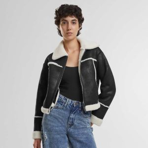 Urban classics Ladies Shearling Black/Whitesand - Veste - noir - M - 100% Polyester,Faux cuir
