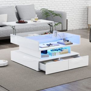 Table basse relevable 80x80x45 cm - 2 tiroirs - Avec LED - Finition brillante - Verre trempé - Blanc