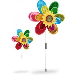 Relaxdays Moulin à vent Fleur, lot de 2, Carillon à vent jouet enfant jardin balcon épouvantail HxlxP 74,5 x 37,5 x 14 cm, coloré