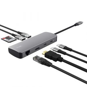 Trust Vylor Hub USB C 8-in-1 Adaptateur HDMI 4K@60Hz, Gigabit Ethernet, Lecteur de Cartes MicroSD/SD, USB-C USB-A, Port de Charge 100W, Docking Station PC Ordinateur Portable Dell HP MacBook