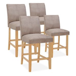 Lot de 4 chaises de bar en bois Rosie velours c&ocirc;tel&eacute; Taupe - H65cm