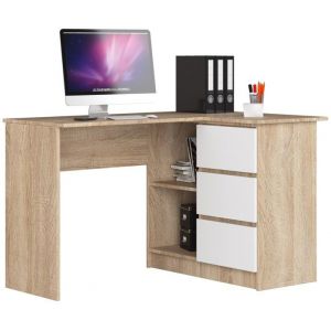 Bureau Akord d'angle droit B16 Ch&ecirc;ne Sonoma 124 cm 3 tiroirs fa&ccedil;ade Blanche 2 &eacute;tag&egrave;res 124x85x77 cm