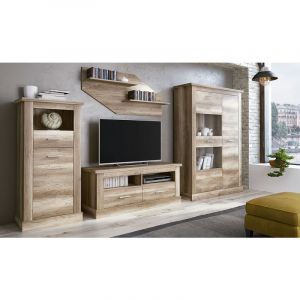 Set de salon, meuble TV + 2 etageres murales + vitrine + bahut coloris chene vieilli -PEGANE-