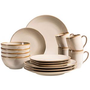 Mäser 931736 Service de table pour 4 personnes style méditerranéen vintage 16 pièces gris sable, céramique, gris sable