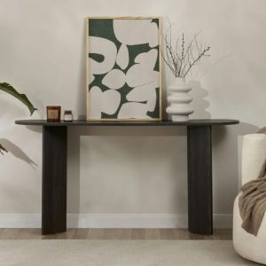 Console de salon noire ovale - pieds en V, effet bois MARFA