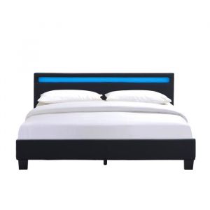 Angel - Solide et Confortable Lit 140x200 avec Sommier + Tête de Lit avec Eclairage led Couleur noir + Pieds en 10 cm pour matelas en - 2 x 13 Lattes