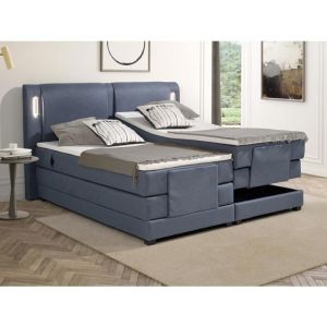 Ensemble complet boxspring tête de lit avec leds + sommiers relaxation électrique + matelas + surmatelas - 2 x 80 x 200 cm - Tissu - Bleu - ASTEMI de PALACIO