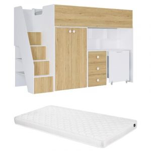 Image de Lit mezzanine 90 x 190 cm avec armoire et bureau - Blanc et naturel + Matelas - lanilato