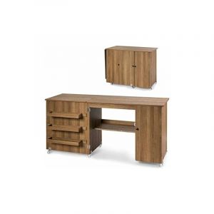 Costway - Table de Couture Pliable, 3 Etagères pour Bobines, Roulettes Verrouillables158 x 50 x 75cm (l x l x h) Naturel