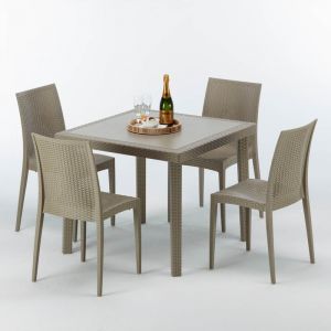 Grand Soleil Table carrée beige + 4 chaises colorées Poly rotin synthétique ELEGANCE | Bistrot Beige Juta
