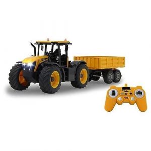 Jamara JCB Fastrac Tracteur avec remorque basculante 1:24 2,4 GHz – 2 Roues motrices, pneus en Caoutchouc profilés, lumière LED, Agriculture