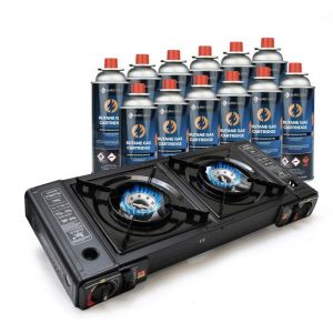 R&eacute;chaud &agrave; gaz double Eurocatch R&eacute;chaud &agrave; gaz 2 br&ucirc;leurs avec 12 bonbonnes de gaz