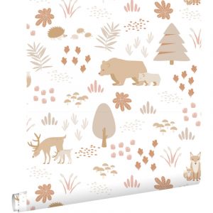 Estahome - papier peint forêt avec des animaux de la forêt blanc et beige