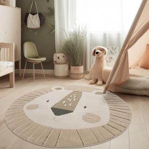 Paco Home - Tapis de chambre d'enfant Rond Tapis d'enfant de jeu Lion 3D Tons terre Cr&egrave;me 120 cm rond