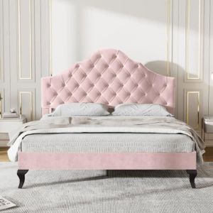 Lit double capitonn&eacute; 140x200cm avec t&ecirc;te de lit r&eacute;glableSommier &agrave; lattes en bois massif de pinvelourspour adultes et