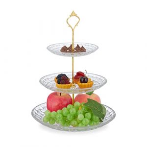 Relaxdays Présentoir à gâteaux, verre et fer, assiette de service ronde, 3 étages, HxD: 34 x 25 cm, transparent/doré