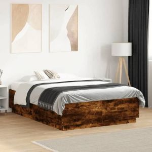 VidaXL Cadre de Lit avec Lumières LED, Lit Double avec Sommier à Lattes, Lit Adulte de Chambre, Moderne, Chêne Fumé 140x190 cm Bois Ingénierie