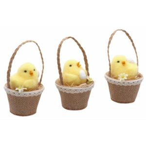 Ruedelafete Poussin jaune dans panier avec anse 12cm (x1)