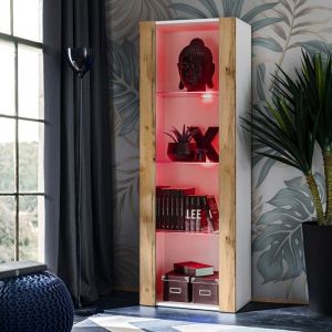 Vitrine Armoire Tivoli, Wotan/Blanc, Largeur 55cm x Hauteur 159cm x Profondeur 35cm, led rgb, 3 étagères, pour Salon, Chambre, Entrée - Komodee