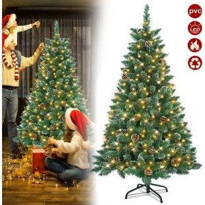 Sapin de Noël artificiel avec éclairage, effet neige, avec support en métal, sapin de Noël en PVC pour décoration de Noël (180 cm)