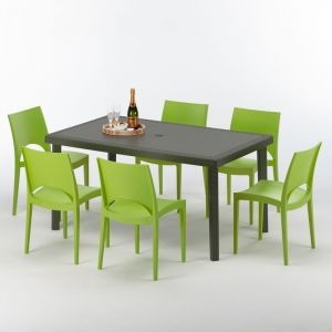 Grand Soleil Table rectangulaire 6 chaises Poly rotin resine 150x90 marron | Paris Vert