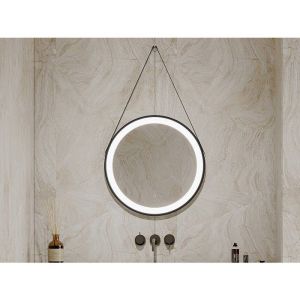 Miroir de salle de bain lumineux anti buée suspendu avec accroche et contour noir - 60 x 60 cm - BORJA
