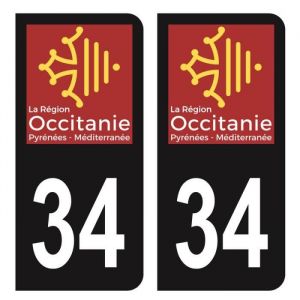 Autocollants Stickers plaque immatriculation voiture auto d&eacute;partement 34 H&eacute;rault Logo R&eacute;gion Occitanie Noir Couleur