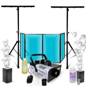 SANS Pack Lumi&egrave;re Facade DJ Lycra Blanc 1200 x 700 - 2 Pieds Supports Mooving Light - Machine Fum&eacute;e 900W - 2 Machines Bulles - Sono F&ecirc;te