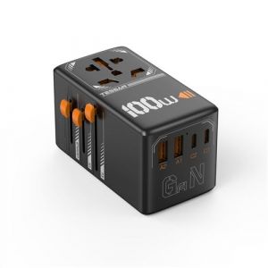 Adaptateur de Voyage Universel TESSAN GaN III 100W avec 2 USB-A et 2 USB-C Charge Rapide Noir