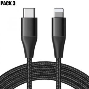 3x C&acirc;ble USB-C vers Lightning Rapide 3A pour iPhone 14 Pro Max, 14 Plus, 13 Pro Max, 13 mini, 12 11 - Nylon Tress&eacute; Noir 1M - E.F.Connection