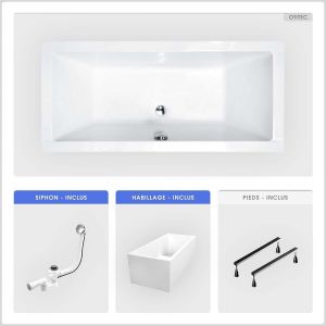 Baignoire rectangulaire - 170 x 75 cm - avec Habillage Polystyrène - Pieds - Vidage Chrome - QUADRO