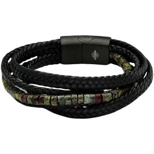 Bracelet Cuir Noir Tressé Avec Perles Heishi Kaki Jaspe Sang De Dragon