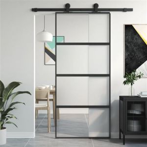 VidaXL Porte Coulissante, Porte de Grange, Porte Intérieur, Porte de Chambre à Coucher Cuisine Entrée, Noir 90x205 cm Verre Trempé Aluminium