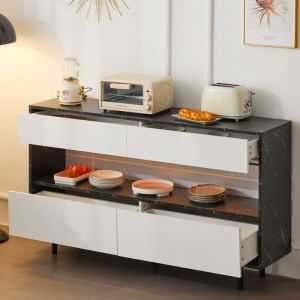 Buffet led 150x35x89.5cm - design marbre noir avec espace de rangement ouvert, 4 tiroirs - anti-basculement - Noir et Blanc