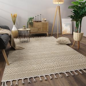 Tapis salon moderne - PACO HOME - 160x220 cm - Motif scandinave - Motif boho - Franges - Cr&egrave;me - Poil court