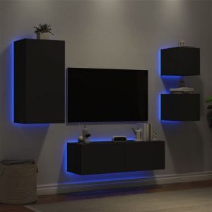 VidaXL Meubles TV Muraux avec Lumières LED 4 pcs, Armoires de Télévision Suspendues, Meubles Télé Flottants, Moderne, Noir Bois d'Ingénierie