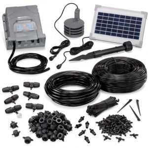 Esotec WaterDrops Solar Garden Watering System, 50 goutteurs, 7 m de tuyau d'alimentation, 48 m de tuyau de distribution, gris, dimensions régulateur 18x20x8 cm, module solaire 25.5x17x2 cm