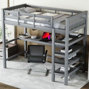 Lit Mezzanine 90 x 200 cm - Lit enfant avec Bureau et Rangements - Pin + MDF - Sans Matelas - Gris
