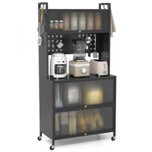 Costway Buffet De Cuisine À 5 Niveaux Avec Lumières, Support Micro-Ondes À Roues Avec Portes, Crochets, Pieds Ajustables, Noir