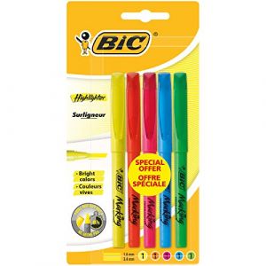 Image de Bic Surligneur brite liner assortis x5 - Corps plastique - Format de poche - Pointe biseau