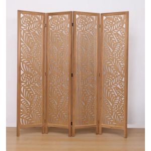 Pegane Paravent ajouré, séparateur de pièce en bois avec motifs feuille, 4 pans coloris brun clair - Hauteur 170 x longueur 160 cm -