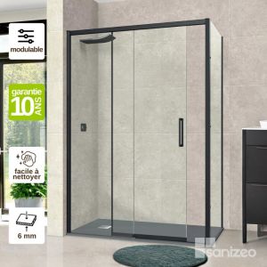 Pare douche porte coulissante et paroi latérale DROITE - L.112/116xl.80xH195 cm - verre 6mm Noir Mat SUPERBAN Vézannes 2PL