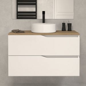 Meuble de salle de bain 80cm avec plateau miel et vasque &agrave; poser - sans miroir - 2 tiroirs - blanc - luna