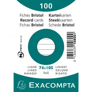Exacompta Paquet 100 fiches bristol ligné non perforé 74x105mm Blanc,