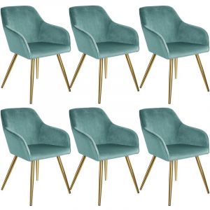 TecTake TECTACKE Lot de 6 Chaises de Salle à Manger Effet Velours Pieds en Acier Dorés avec Accoudoirs - Turquoise