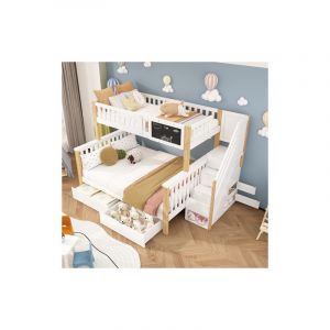 Lit superpos&eacute; double 90x200+140x200 cm, lit enfant avec tableau noir et tiroirs, en bois massif, blanc + ch&ecirc;ne clair, sans matelas