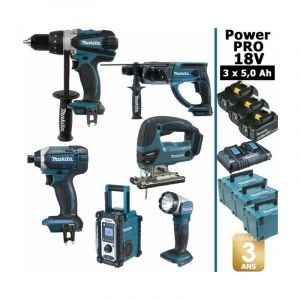 Image de Makita Pack Power PRO 6 outils 18V: Perceuse DDF458 + Visseuse à choc DTD152 + Perforateur DHR202 + Scie sauteuse DJV180 + Radio DMR108 + Lampe Torche LED +