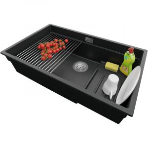 Vier Sous-Plan en Granit 76x47 cm Lavabo Cuisine 1 Bac + Kit de Vidage, Évier au meuble 80cm Évier de Primagran Graphite - black#white